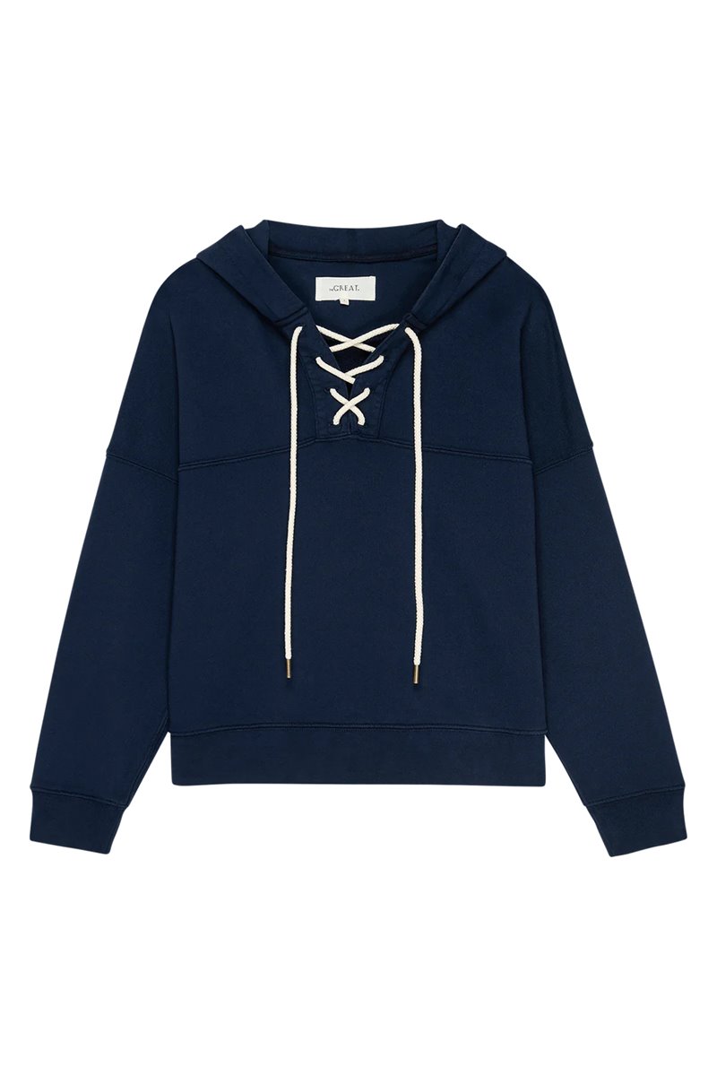 The Great lace up hoodie navy side The Great lace up hoodie navy side