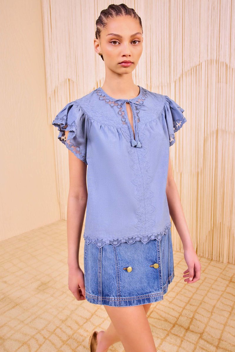 Ulla Johnson effie flutter sleeve top chambray