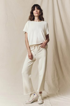 The Great the wide legged cropped sweatpant  washed white