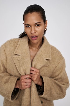 Rabens Saloner leona fuzzy coat oatmeal side