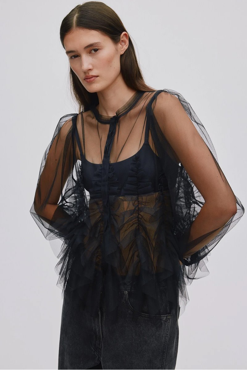 Rabens Saloner gida frilly tulle shirt black back
