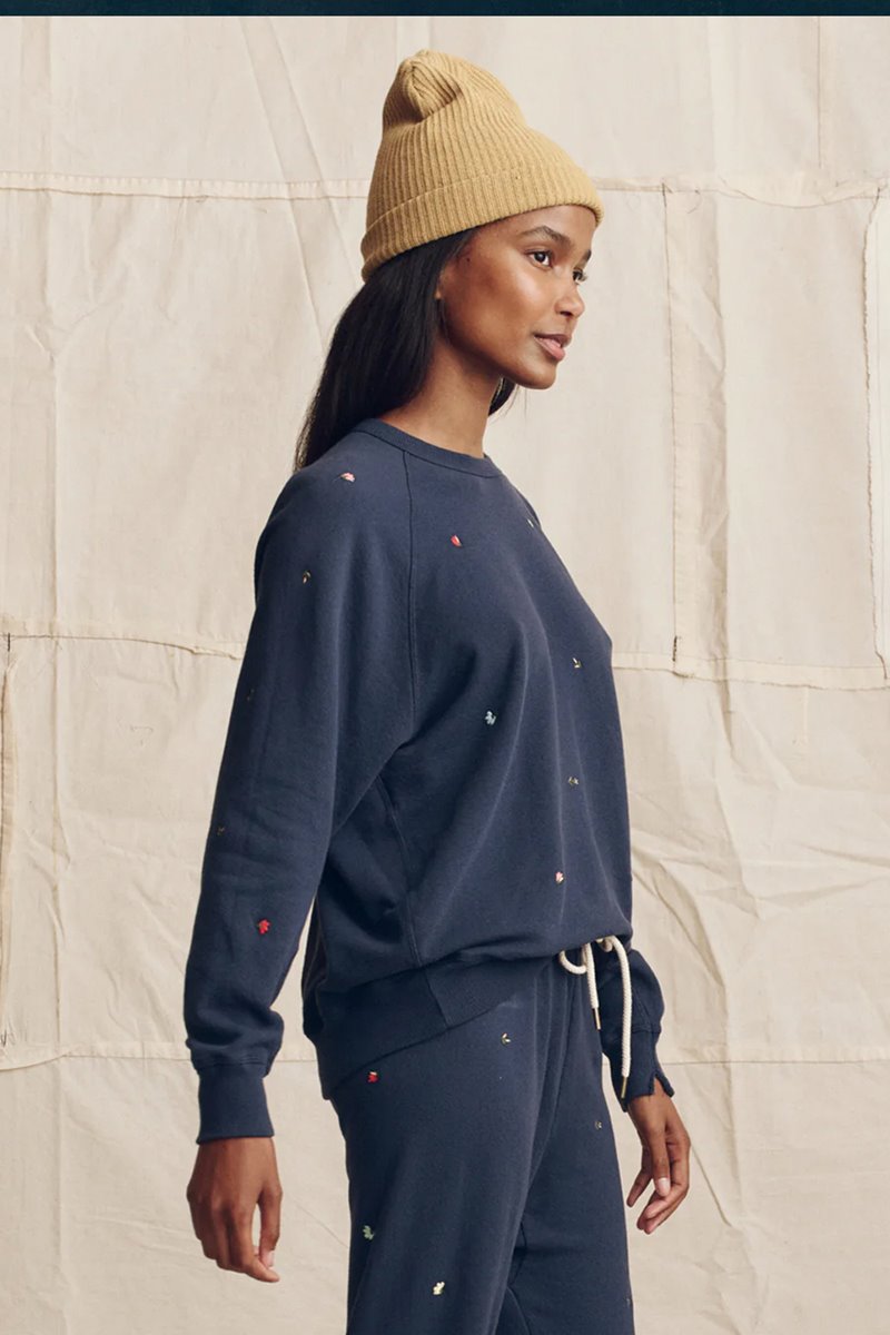 The Great the college sweatshirt embroidered flowers navy back