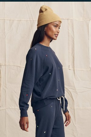 The Great the college sweatshirt embroidered flowers navy back