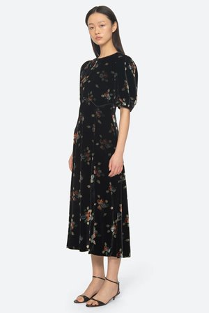 Sea NY leda velvet puff sleeve dress black side