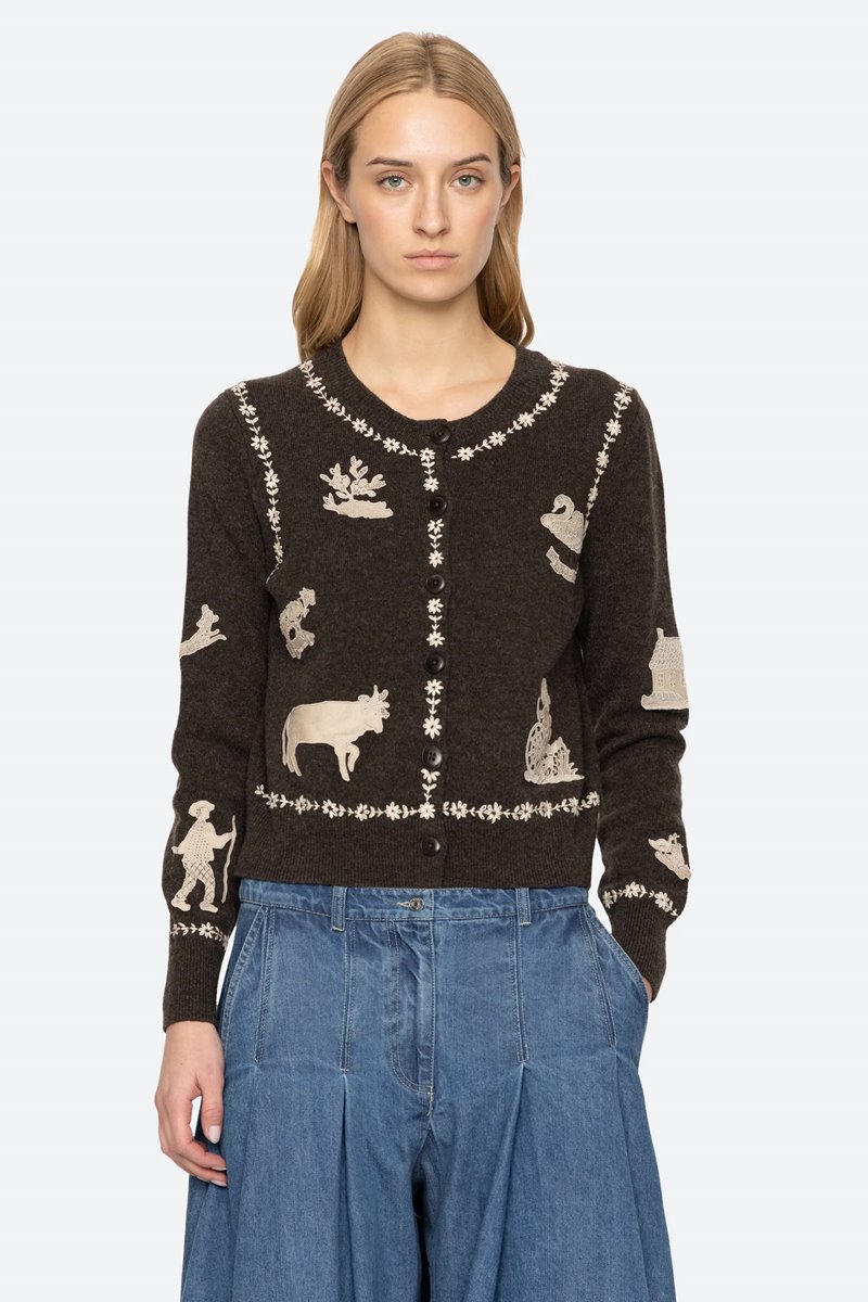 Sea NY marguerite lace patch cardigan coffee
