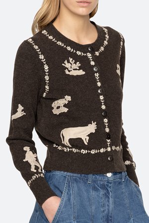 Sea NY marguerite lace patch cardigan coffee detail