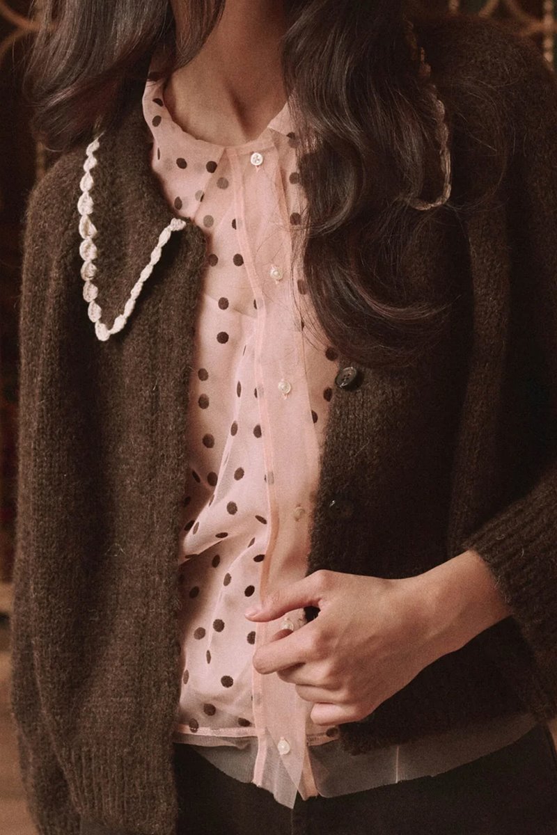 The Great the crochet collar cardigan chocolate back