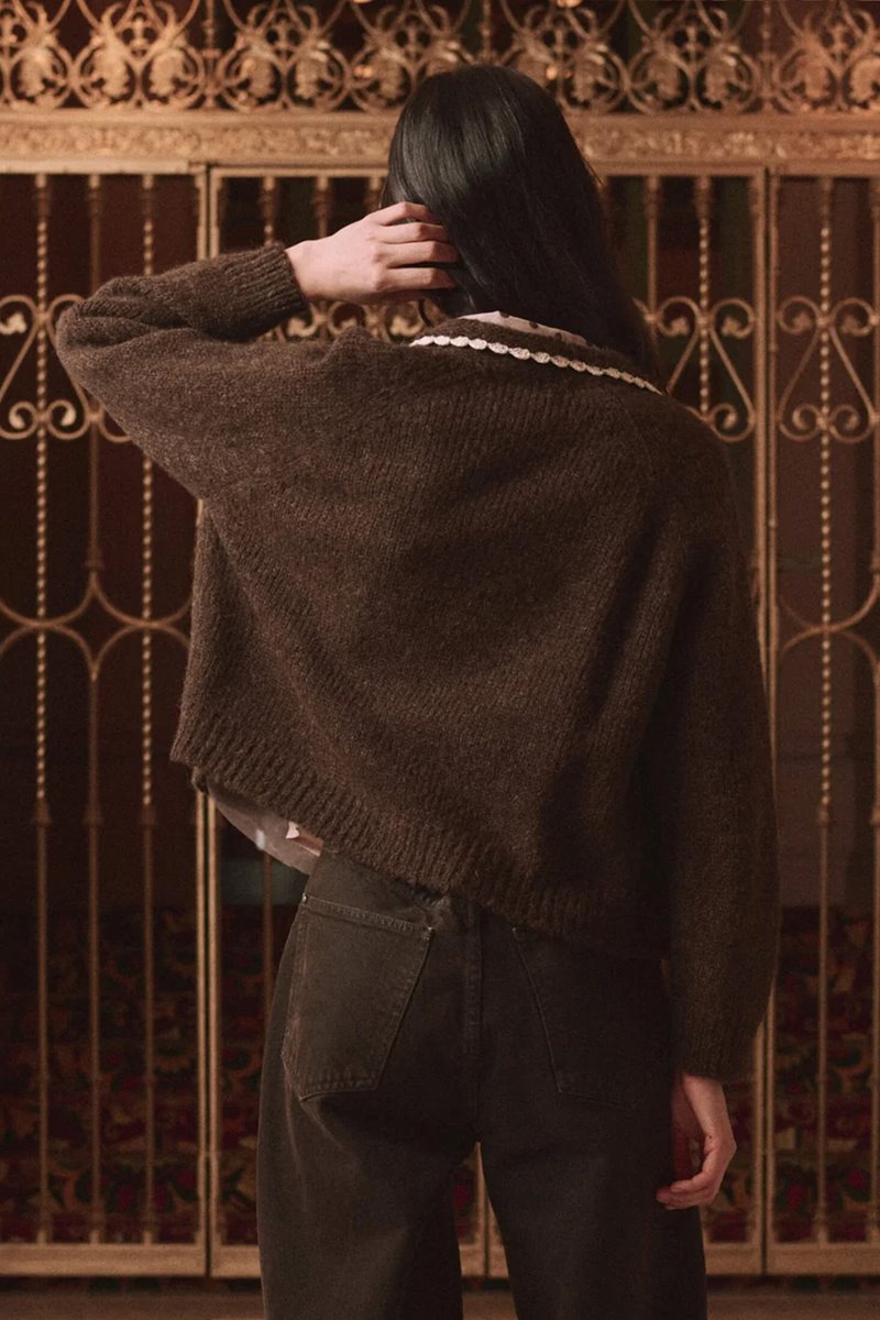 The Great the crochet collar cardigan chocolate side