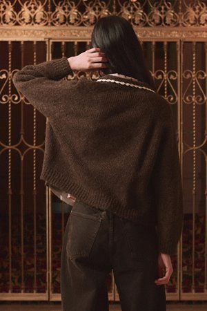 The Great the crochet collar cardigan chocolate side